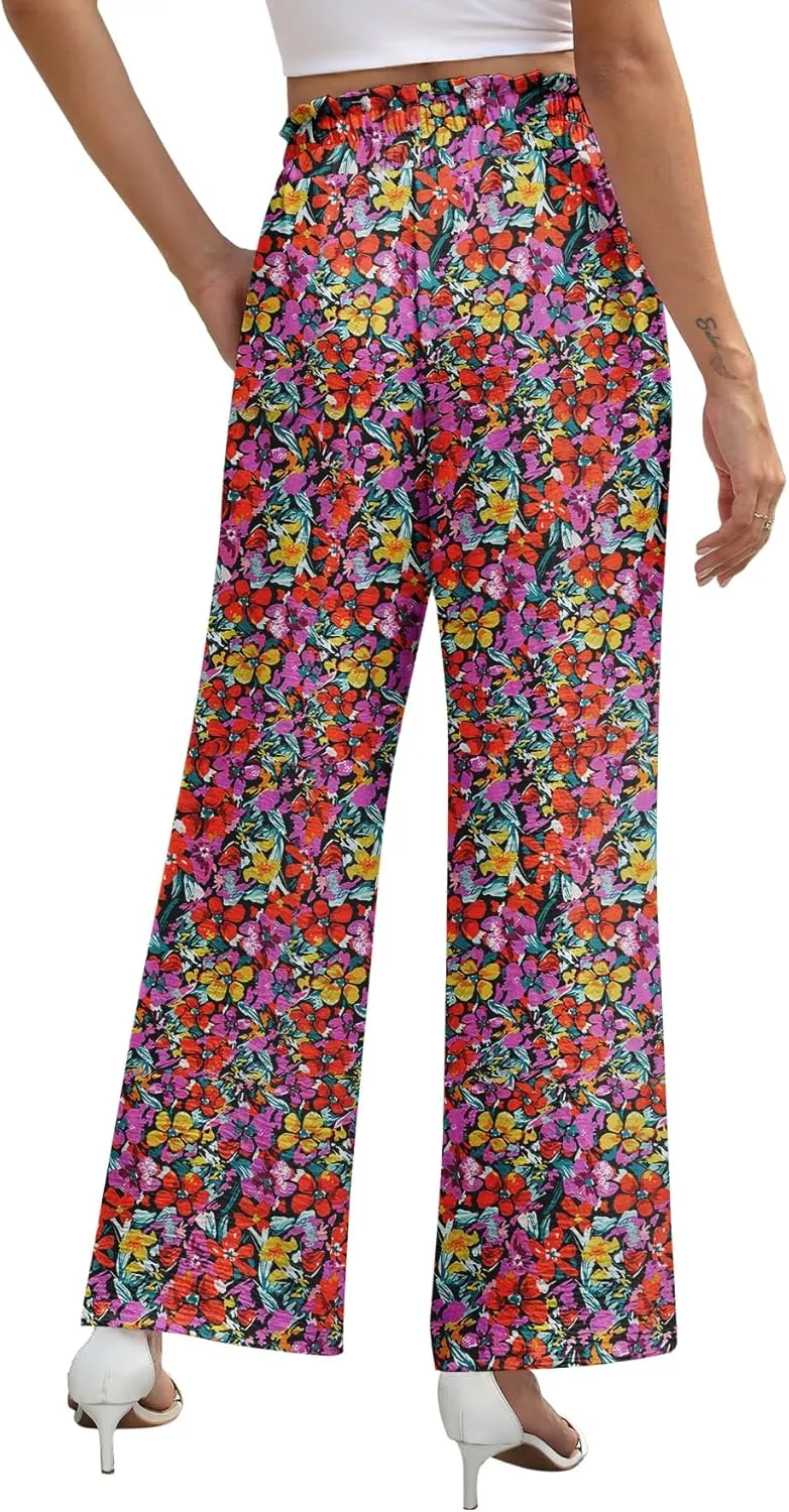 NILOUFO Women's High Waist Wide Leg Pants Elastic Drawstring Casual Loose Flowy Trousers with Pockets