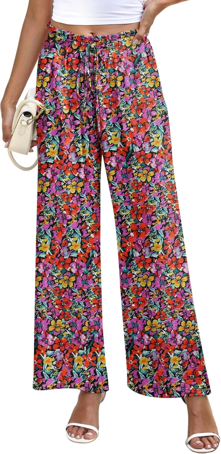NILOUFO Women's High Waist Wide Leg Pants Elastic Drawstring Casual Loose Flowy Trousers with Pockets