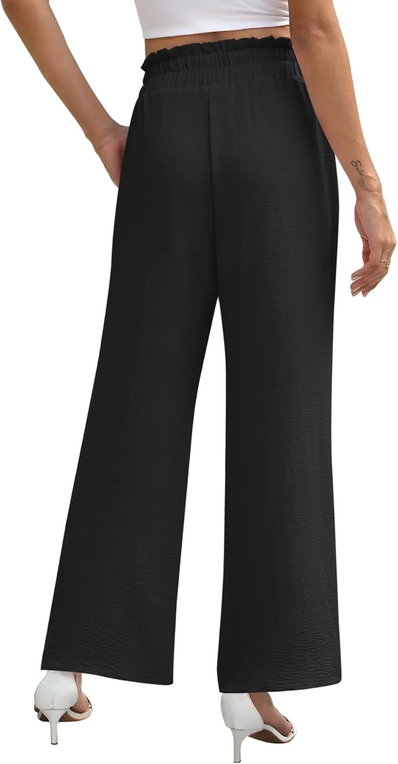 NILOUFO Women's High Waist Wide Leg Pants Elastic Drawstring Casual Loose Flowy Trousers with Pockets
