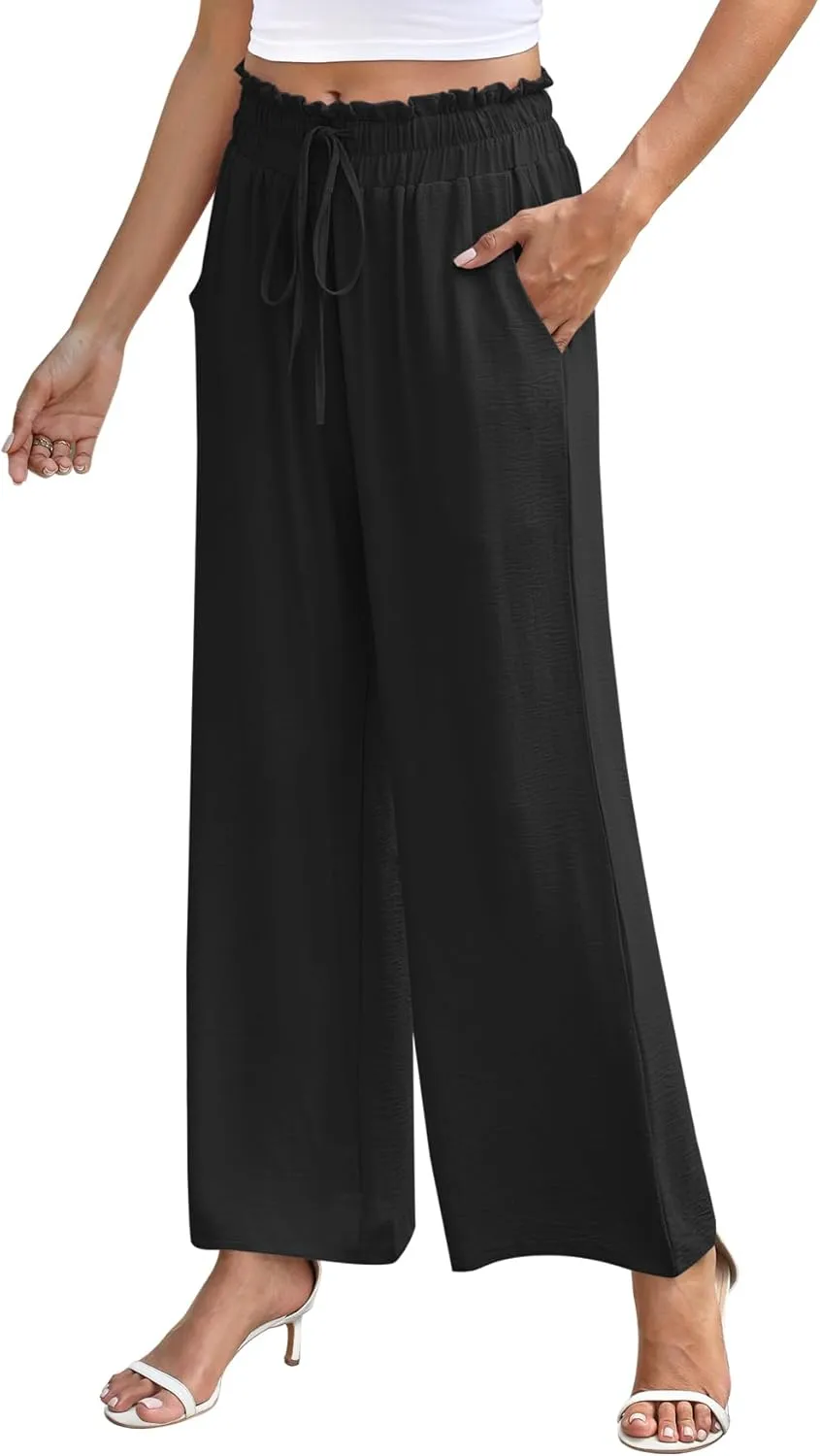 NILOUFO Women's High Waist Wide Leg Pants Elastic Drawstring Casual Loose Flowy Trousers with Pockets