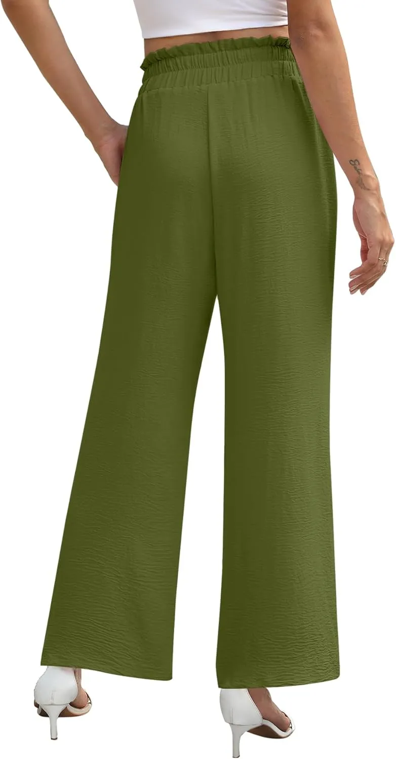 NILOUFO Women's High Waist Wide Leg Pants Elastic Drawstring Casual Loose Flowy Trousers with Pockets