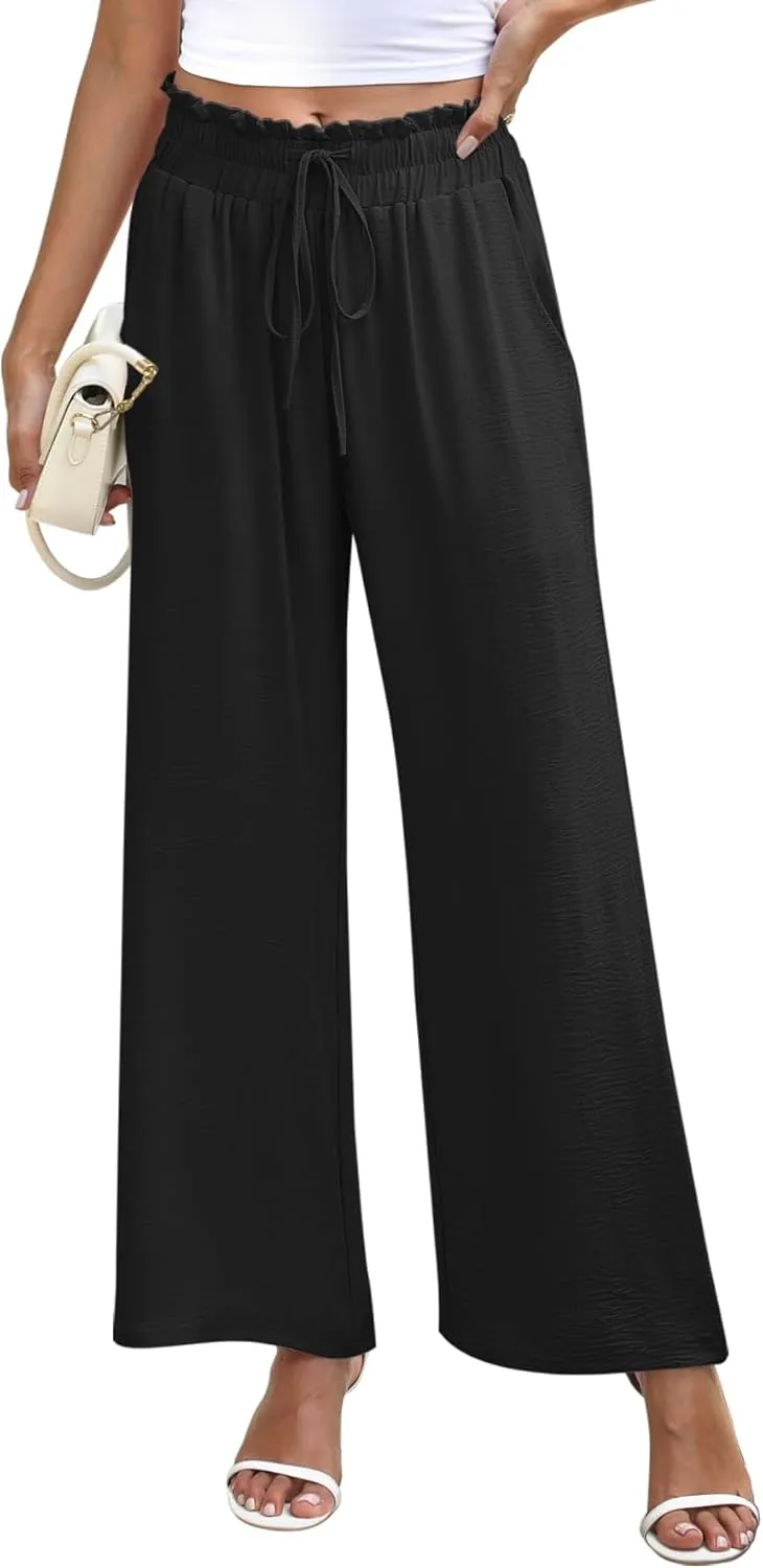 NILOUFO Women's High Waist Wide Leg Pants Elastic Drawstring Casual Loose Flowy Trousers with Pockets