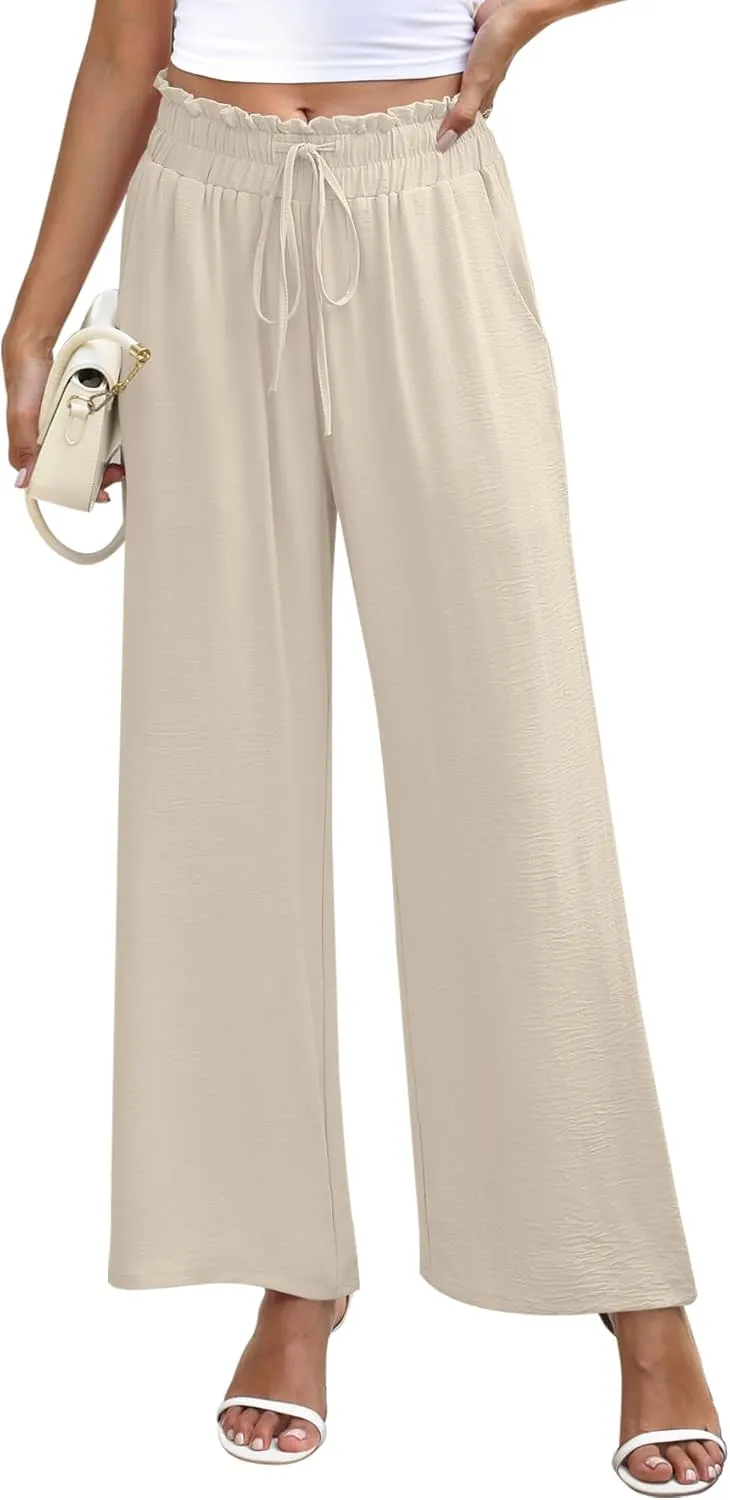 NILOUFO Women's High Waist Wide Leg Pants Elastic Drawstring Casual Loose Flowy Trousers with Pockets