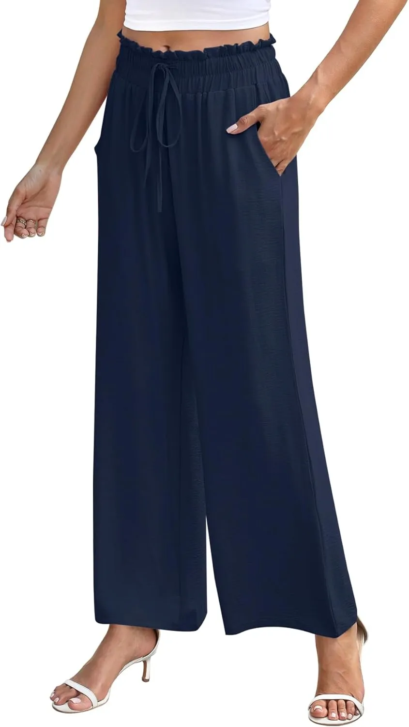 NILOUFO Women's High Waist Wide Leg Pants Elastic Drawstring Casual Loose Flowy Trousers with Pockets