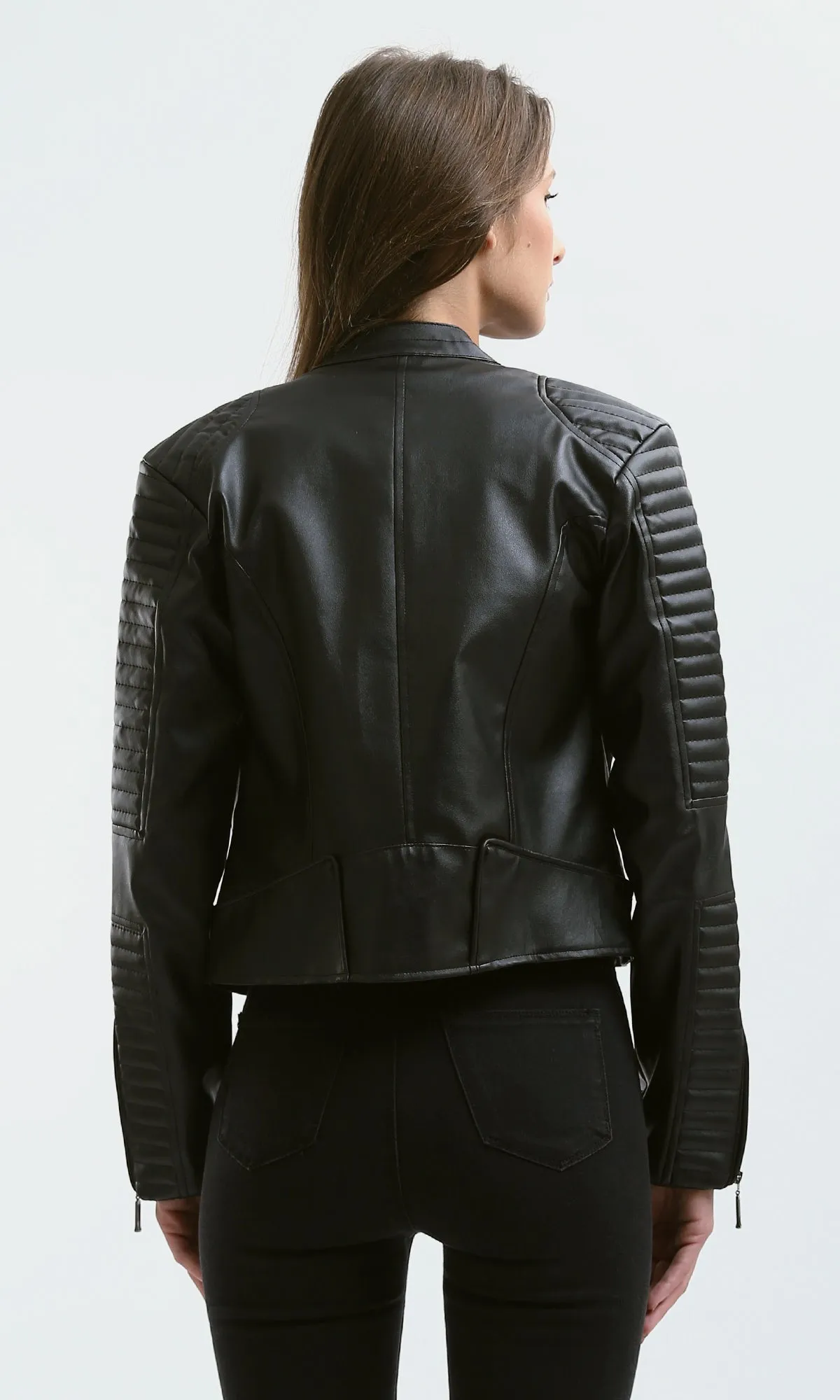 O176289 Stitched Sleeves Black Leather Biker Jacket