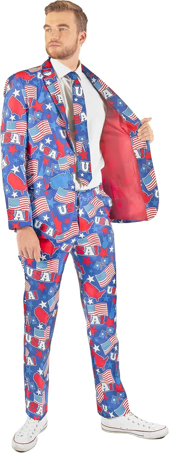 Offstream Men's Party Costumes - USA Patriotic Theme - Slim Fit - Includes Matching Blazer Jacket, Pants & Tie