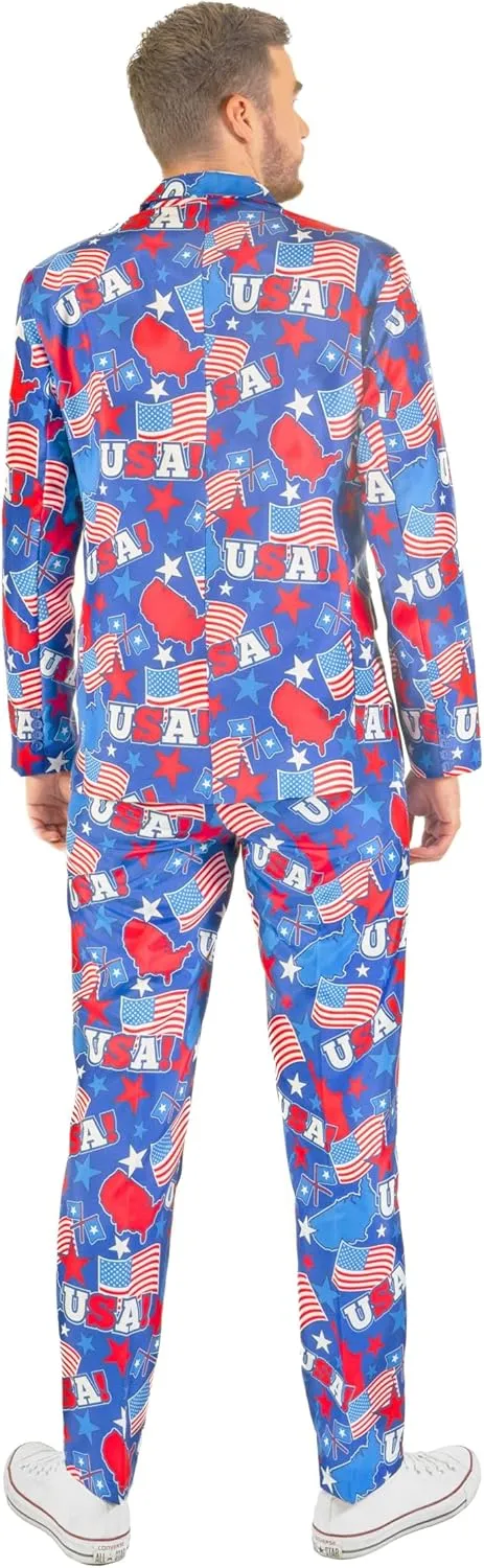 Offstream Men's Party Costumes - USA Patriotic Theme - Slim Fit - Includes Matching Blazer Jacket, Pants & Tie