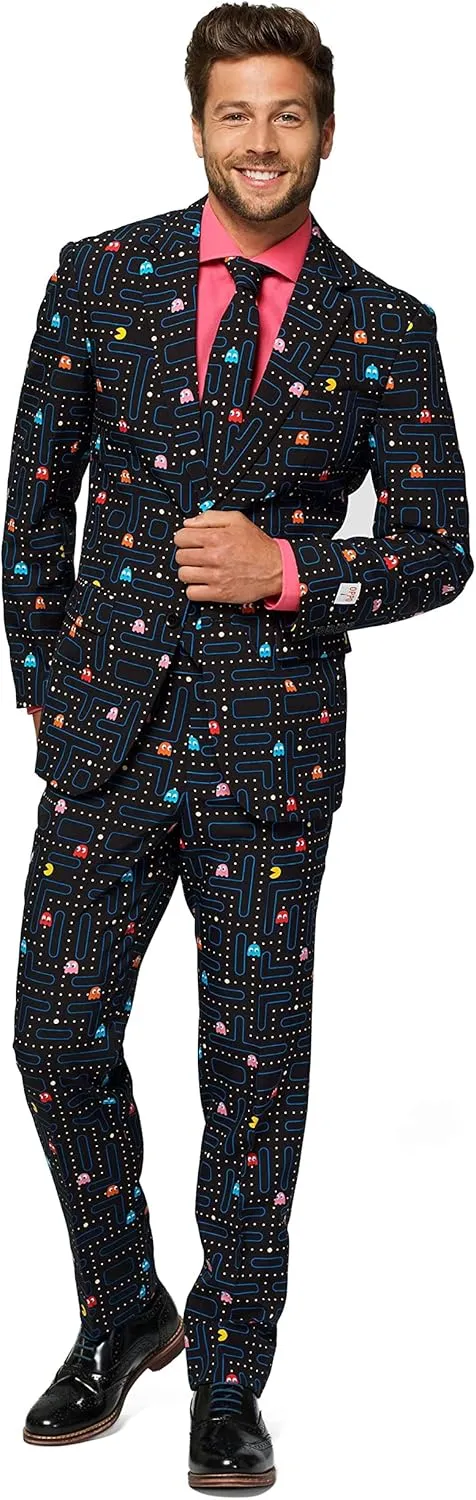 Opposuits Men's Suit - PAC-Man Pixel Arcade Game Costume - Slim Fit - Black - Includes Blazer, Pants and Tie