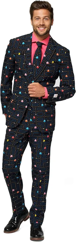 Opposuits Men's Suit - PAC-Man Pixel Arcade Game Costume - Slim Fit - Black - Includes Blazer, Pants and Tie