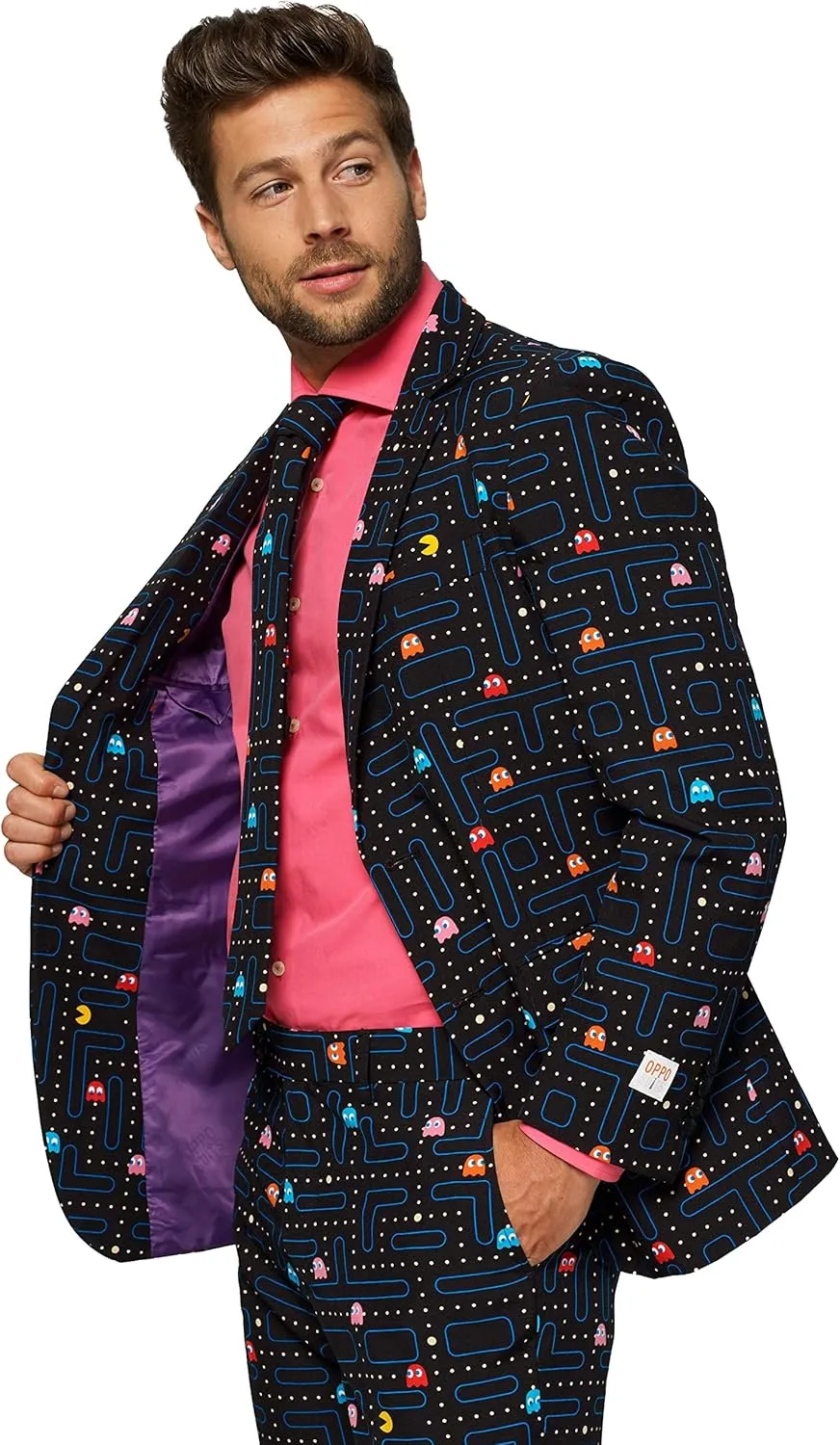 Opposuits Men's Suit - PAC-Man Pixel Arcade Game Costume - Slim Fit - Black - Includes Blazer, Pants and Tie