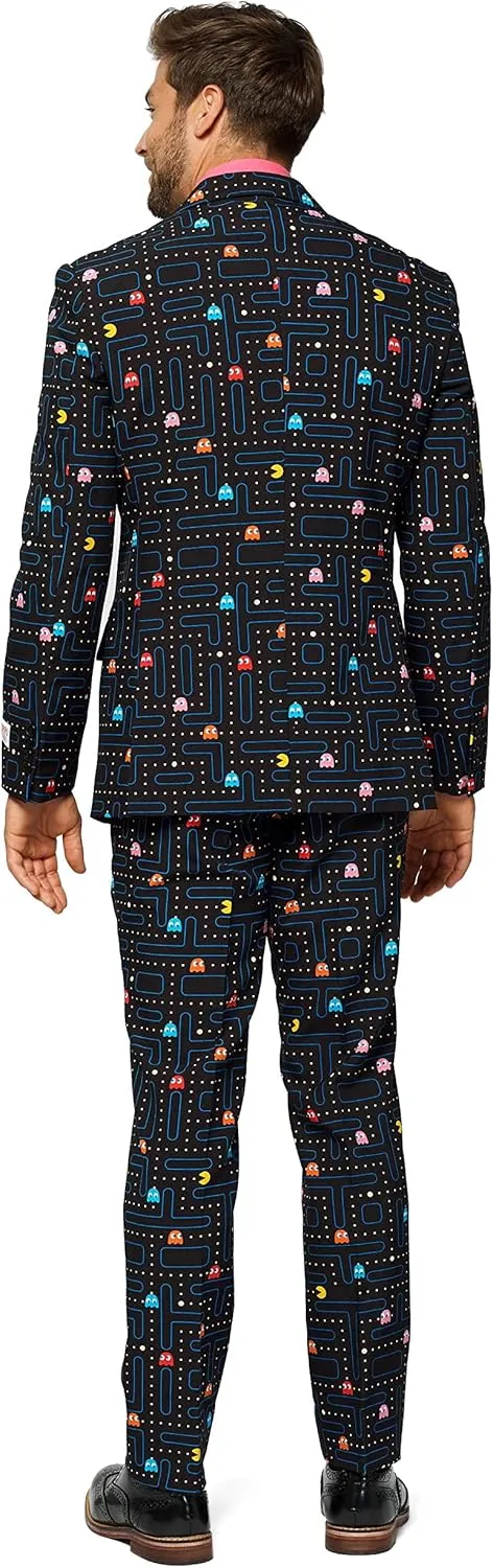 Opposuits Men's Suit - PAC-Man Pixel Arcade Game Costume - Slim Fit - Black - Includes Blazer, Pants and Tie