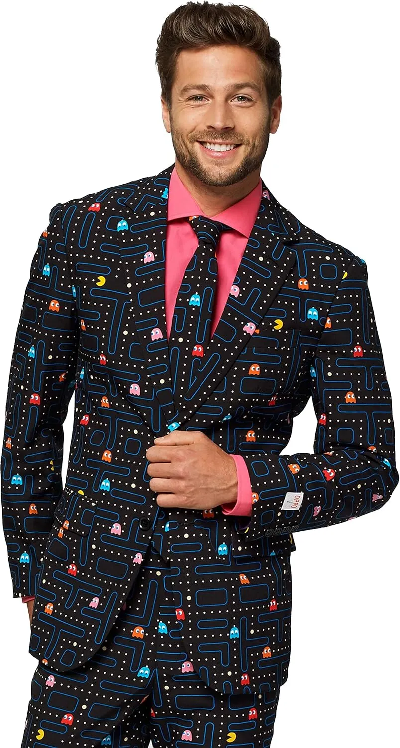 Opposuits Men's Suit - PAC-Man Pixel Arcade Game Costume - Slim Fit - Black - Includes Blazer, Pants and Tie