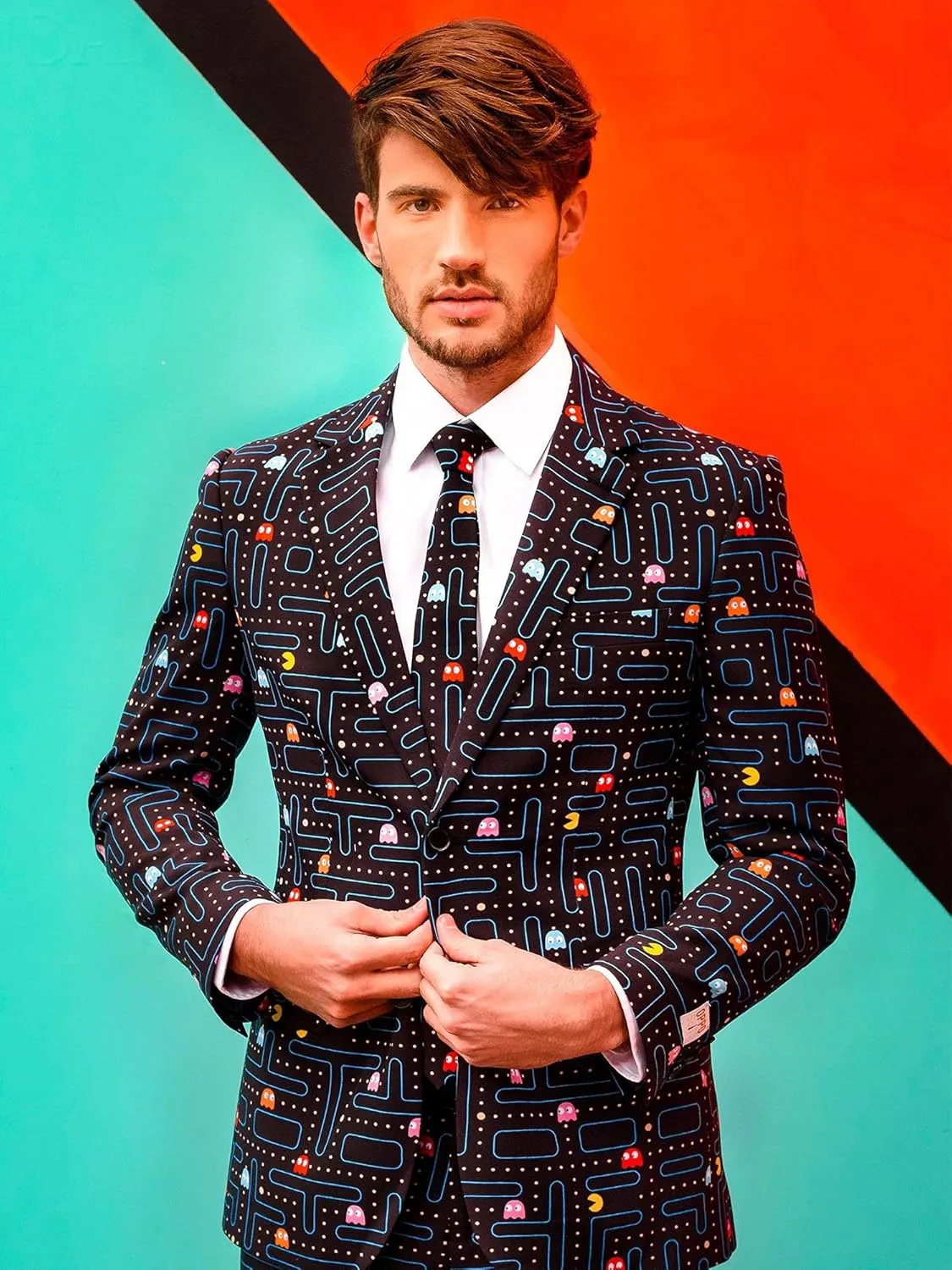 Opposuits Men's Suit - PAC-Man Pixel Arcade Game Costume - Slim Fit - Black - Includes Blazer, Pants and Tie
