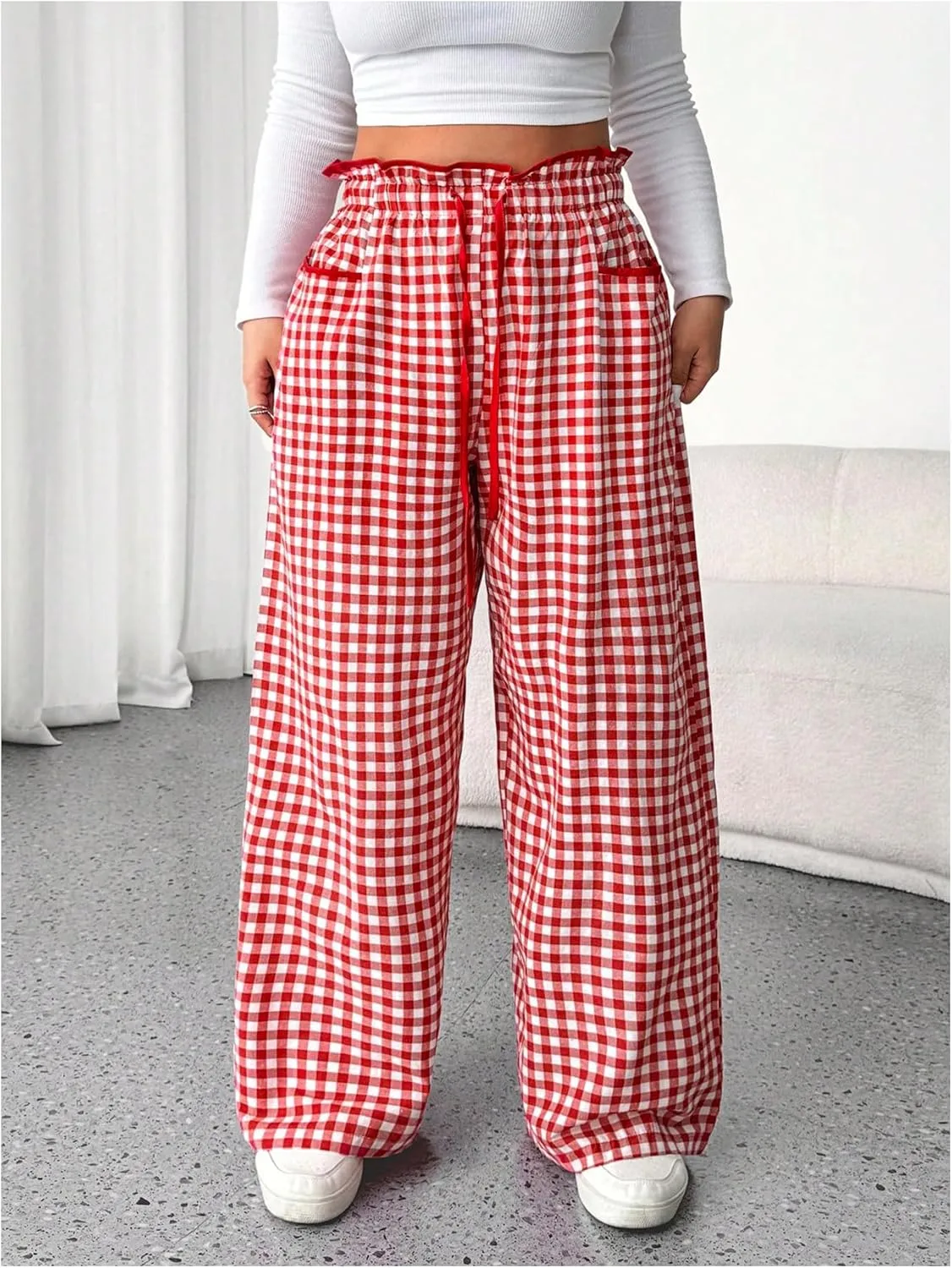 OYOANGLE Women's Plus Size Plaid Print Paperbag High Waist Tie Front Pants Y2K Straight Leg Trousers with Pocket