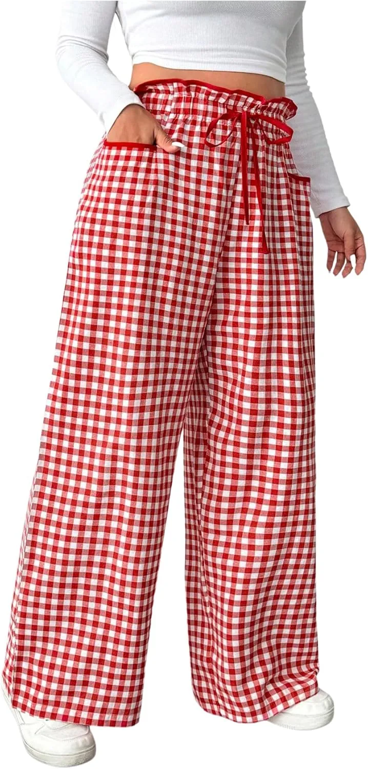 OYOANGLE Women's Plus Size Plaid Print Paperbag High Waist Tie Front Pants Y2K Straight Leg Trousers with Pocket