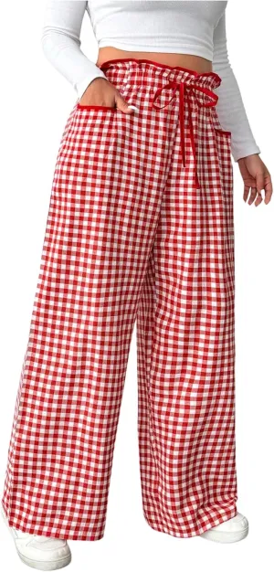 OYOANGLE Women's Plus Size Plaid Print Paperbag High Waist Tie Front Pants Y2K Straight Leg Trousers with Pocket