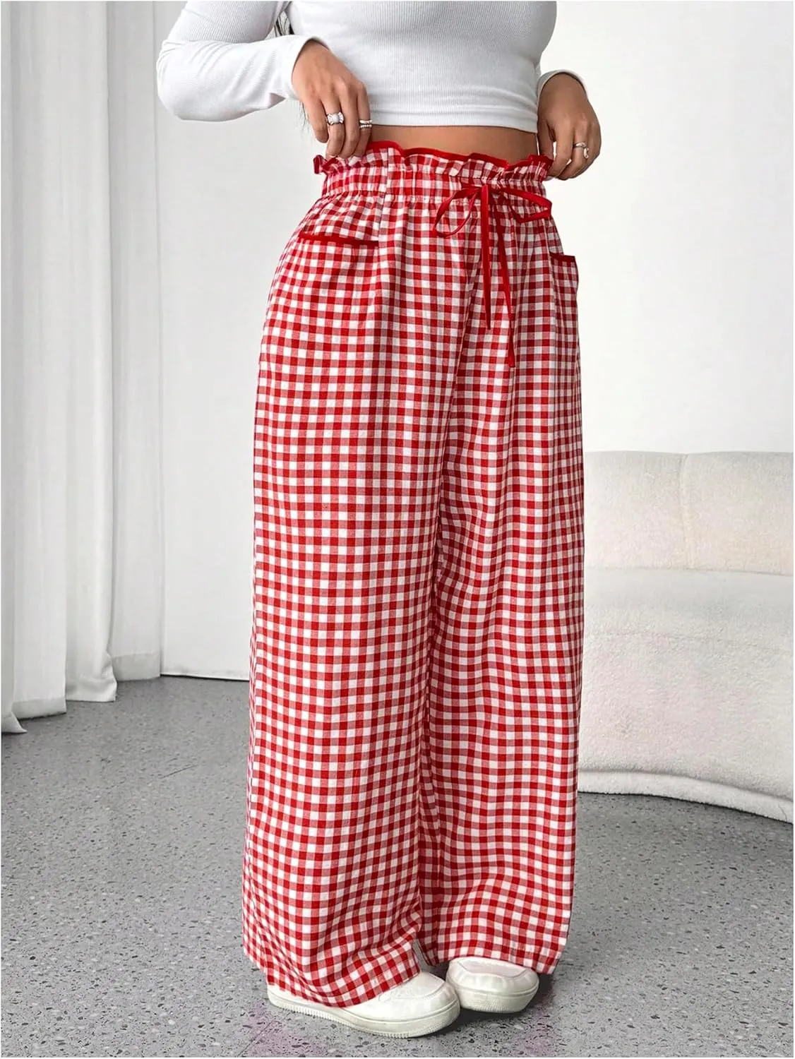 OYOANGLE Women's Plus Size Plaid Print Paperbag High Waist Tie Front Pants Y2K Straight Leg Trousers with Pocket