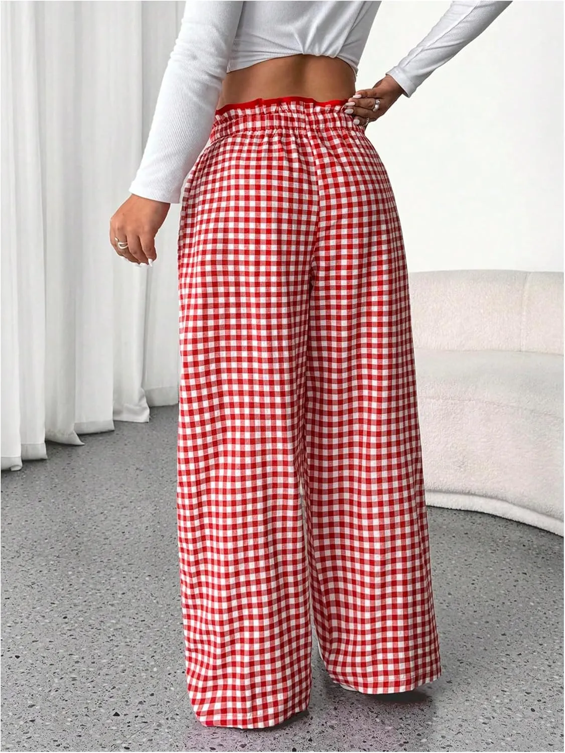 OYOANGLE Women's Plus Size Plaid Print Paperbag High Waist Tie Front Pants Y2K Straight Leg Trousers with Pocket