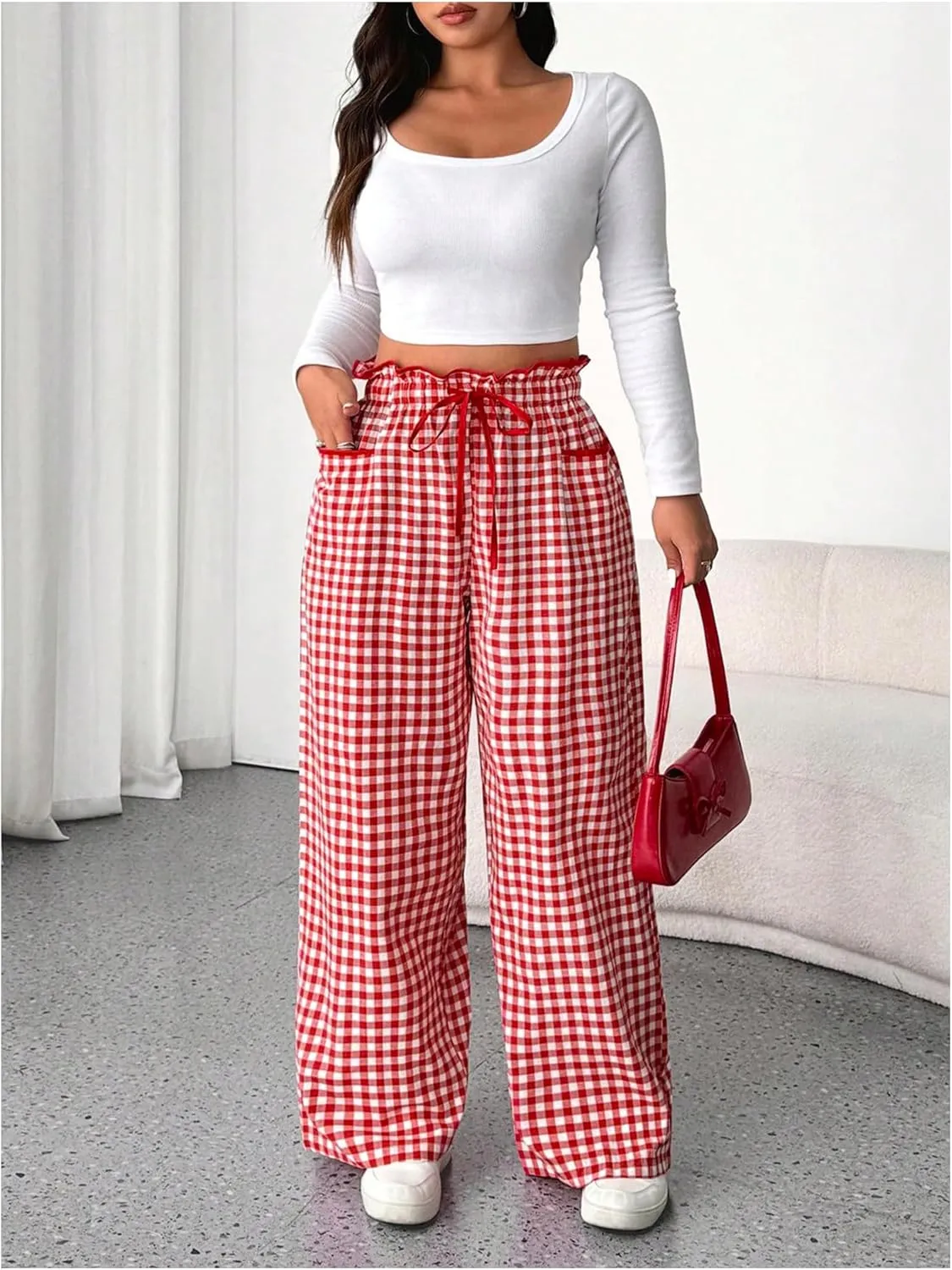 OYOANGLE Women's Plus Size Plaid Print Paperbag High Waist Tie Front Pants Y2K Straight Leg Trousers with Pocket