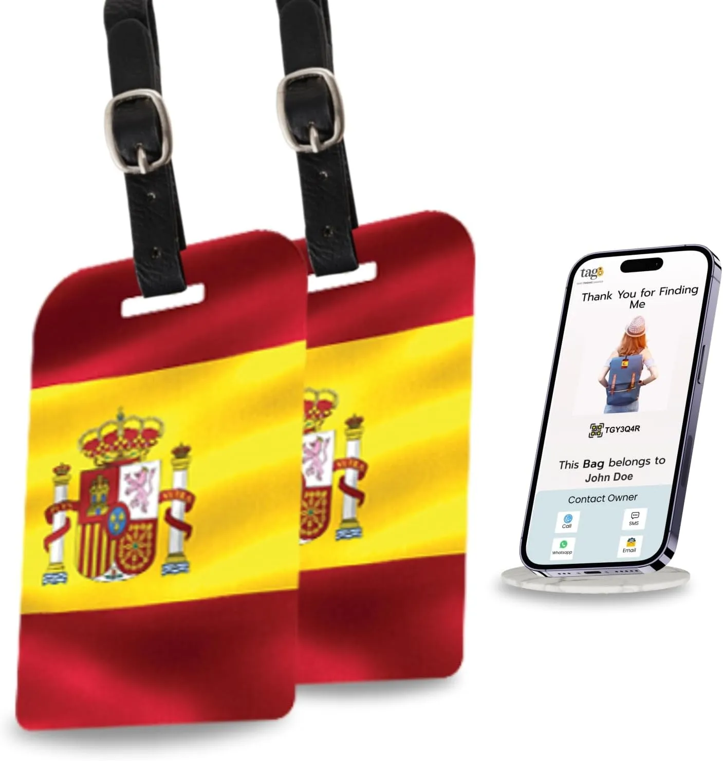 [Pack 2] tag8 Spain Flag Tag Smart Bag tag |Trendy Luggage tag ID Identification | Suitcase Tag | Fashionable Digital Name tag | Airline Compliant, SITA World Tracer Code Enabled | Gift idea