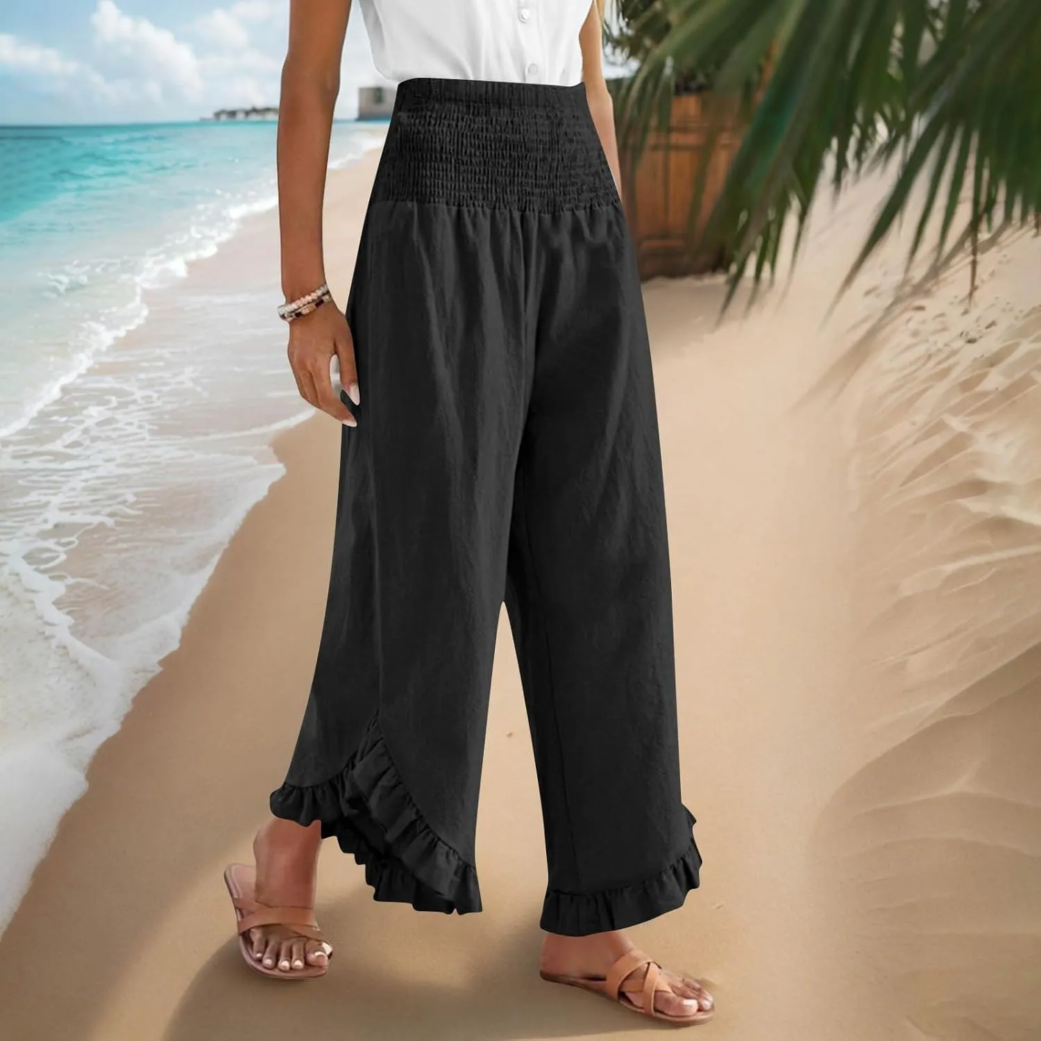 Palazzo Pants for Women Summer Linen Smocked Waist Wide Leg Pant Boho Flowy Ruffle Hem Casual Beach Vacation Trousers