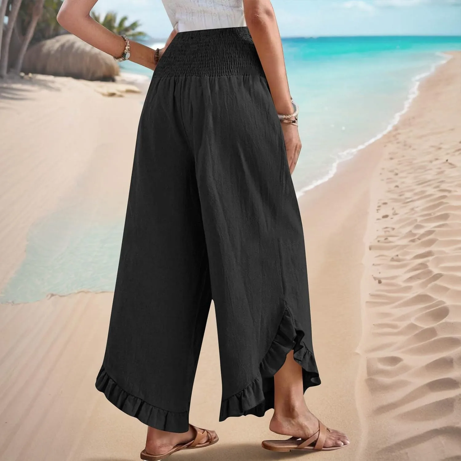Palazzo Pants for Women Summer Linen Smocked Waist Wide Leg Pant Boho Flowy Ruffle Hem Casual Beach Vacation Trousers