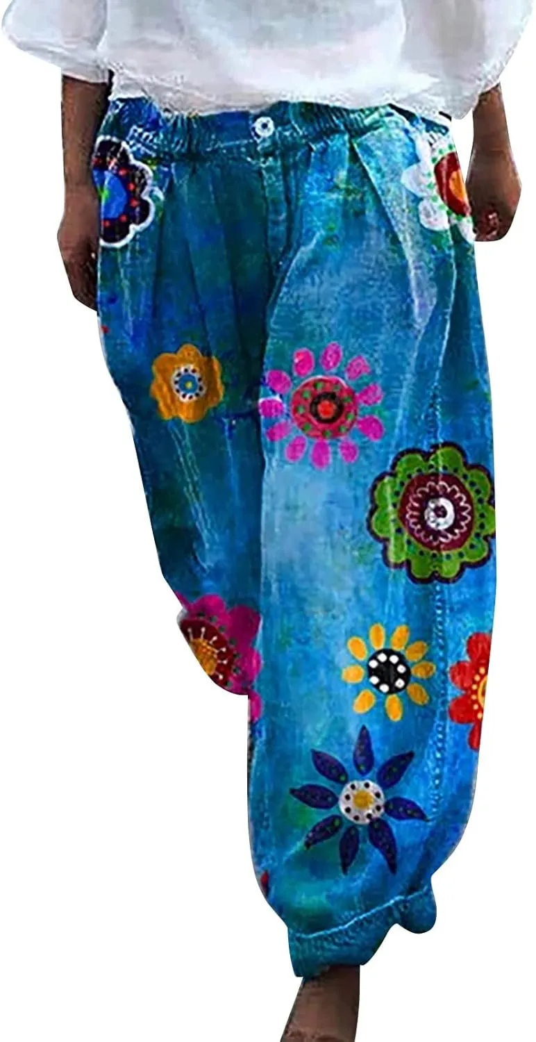 Pants for Women Women's Wide Leg Baggy Jeans Plus Size Loose Elastic Waist Denim Pants with Deep Pockets