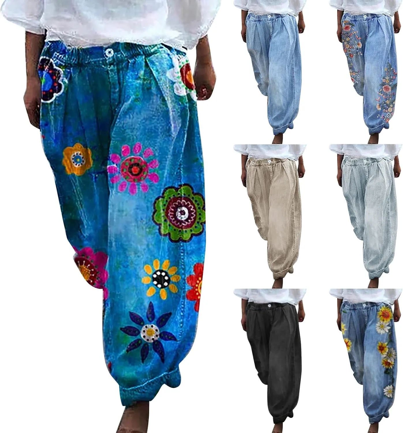 Pants for Women Women's Wide Leg Baggy Jeans Plus Size Loose Elastic Waist Denim Pants with Deep Pockets