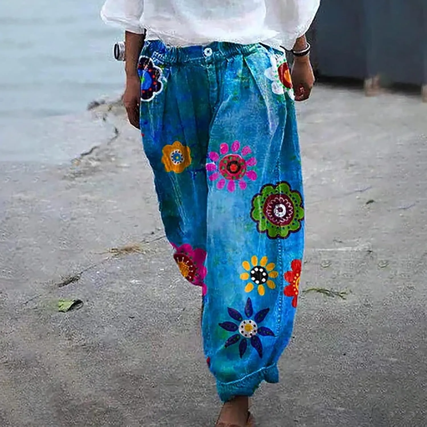 Pants for Women Women's Wide Leg Baggy Jeans Plus Size Loose Elastic Waist Denim Pants with Deep Pockets