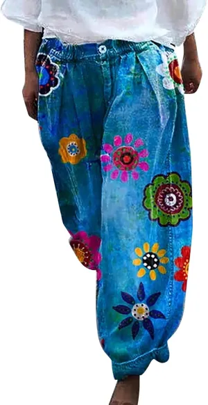 Pants for Women Women's Wide Leg Baggy Jeans Plus Size Loose Elastic Waist Denim Pants with Deep Pockets