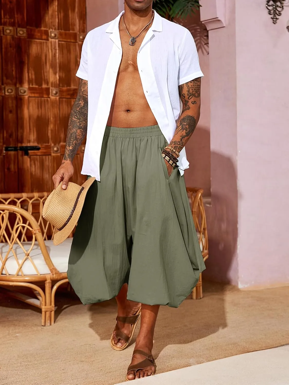 PASLTER Mens Harem Pants Linen Yoga Beach Baggy Summer Boho Aladdin Genie Pants