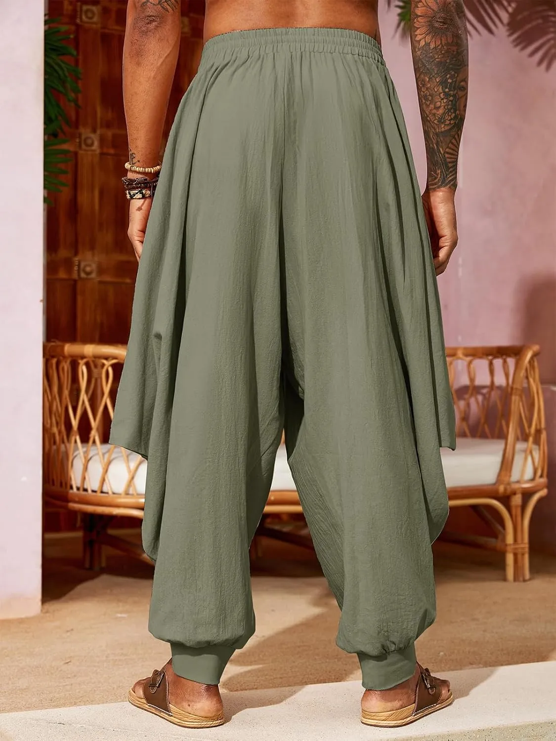 PASLTER Mens Harem Pants Linen Yoga Beach Baggy Summer Boho Aladdin Genie Pants