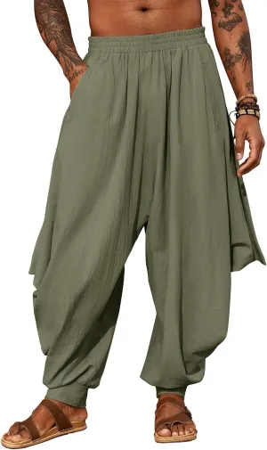 PASLTER Mens Harem Pants Linen Yoga Beach Baggy Summer Boho Aladdin Genie Pants