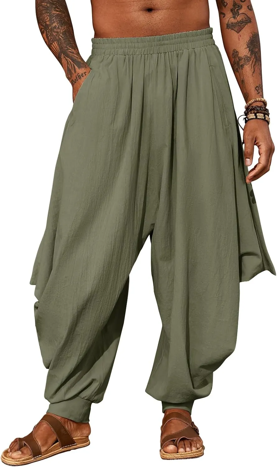 PASLTER Mens Harem Pants Linen Yoga Beach Baggy Summer Boho Aladdin Genie Pants
