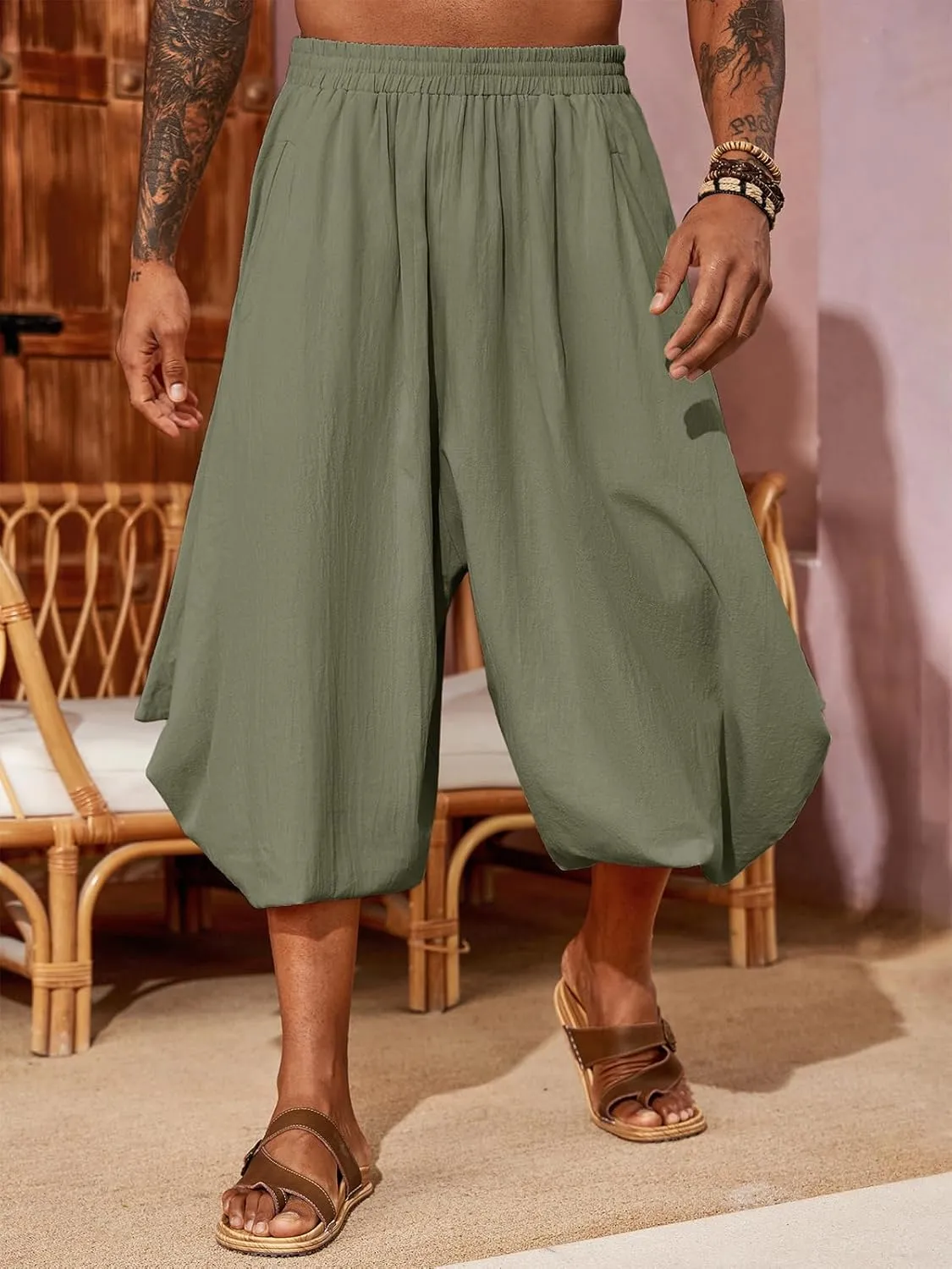 PASLTER Mens Harem Pants Linen Yoga Beach Baggy Summer Boho Aladdin Genie Pants