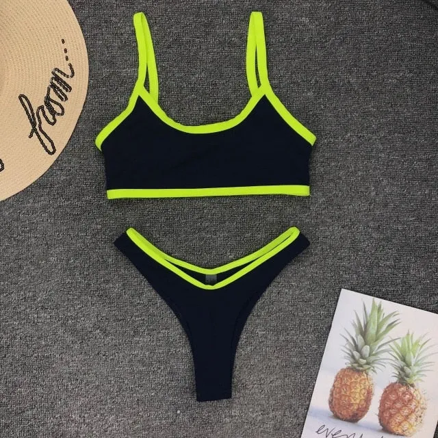 Patchwork Swimsuit Fluorescence Color Low Waist Swimswear