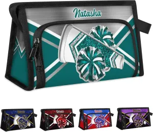 Personalized-Cheerleader-Gifts for Girls, Custom-Makeup-Bag for Cheerleader, Travel Make up Bag Cosmetic Bag Toiletry Bag Organizer, Gifts for Cheerleader Girls Blue Green Sliver Glitter Cheer