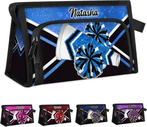 Personalized-Cheerleader-Gifts for Girls, Custom-Makeup-Bag for Cheerleader, Travel Make up Bag Cosmetic Bag Toiletry Bag Organizer, Gifts for Cheerleader Girls Light Blue Glitter Cheer