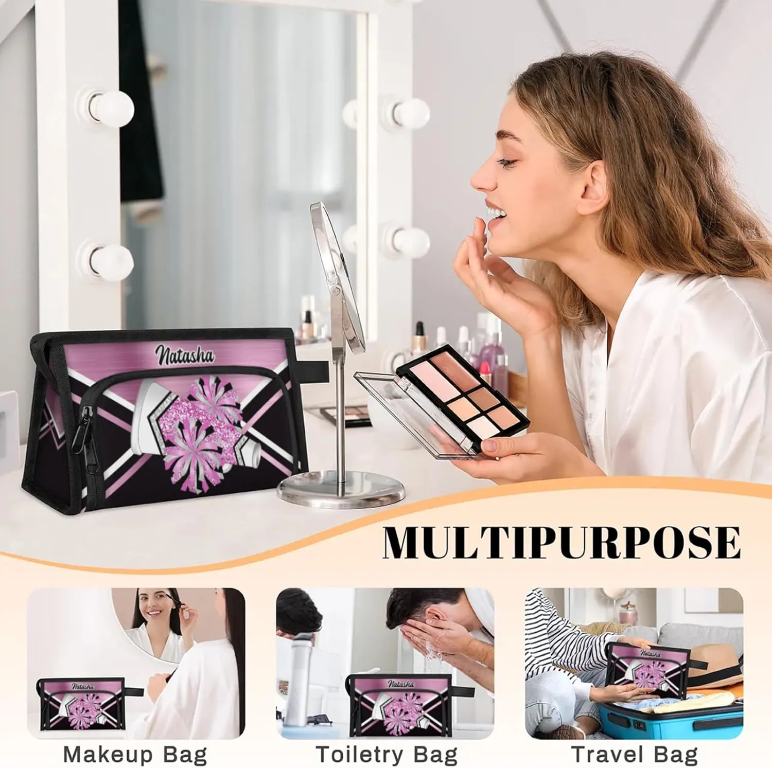 Personalized-Cheerleader-Gifts for Girls, Custom-Makeup-Bag for Cheerleader, Travel Make up Bag Cosmetic Bag Toiletry Bag Organizer, Gifts for Cheerleader Girls Pink Sliver Glitter Cheer