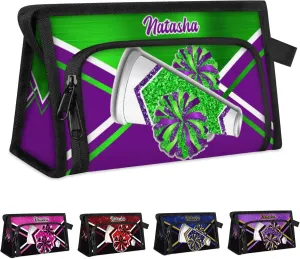 Personalized-Cheerleader-Gifts for Girls, Custom-Makeup-Bag for Cheerleader, Travel Make up Bag Cosmetic Bag Toiletry Bag Organizer, Gifts for Cheerleader Girls Purple Green Glitter Cheer