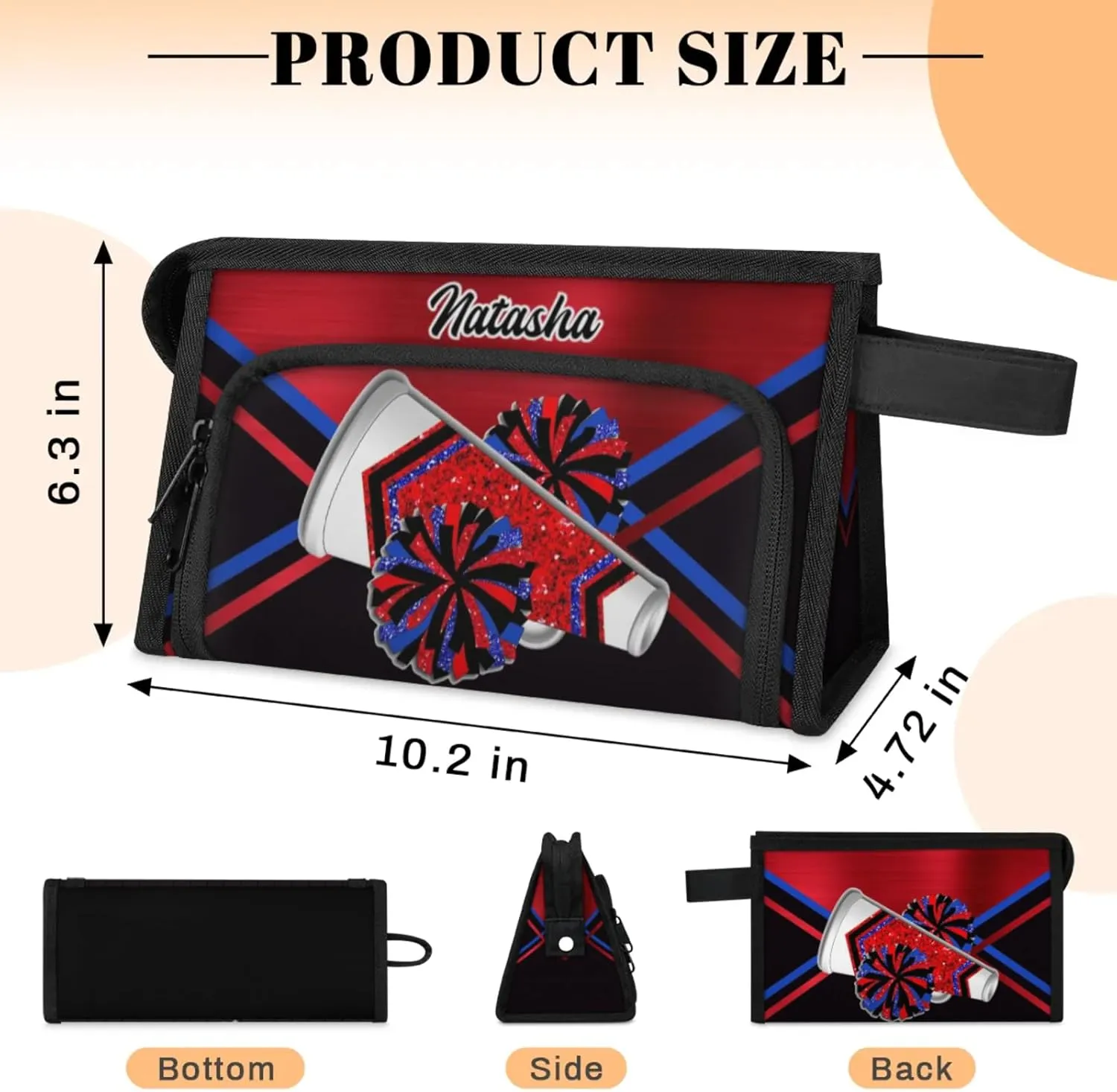 Personalized-Cheerleader-Gifts for Girls, Custom-Makeup-Bag for Cheerleader, Travel Make up Bag Cosmetic Bag Toiletry Bag Organizer, Gifts for Cheerleader Girls Red Blue Glitter Cheer