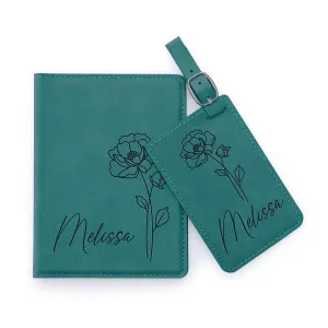 Personalized Leather Passport Cover Holder and Luggage Tag Set for Women with Flower Birth and Name, Custom Engraved Passport Cover Suitcase Tag with Name | Teal