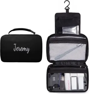 Personalized Travel Toiletry Bag for Women with Custom Name Embroidery - Large Hanging Cosmetic Organizer, Waterproof Makeup Bag, Spa & Vacation Essentials Case (Black)