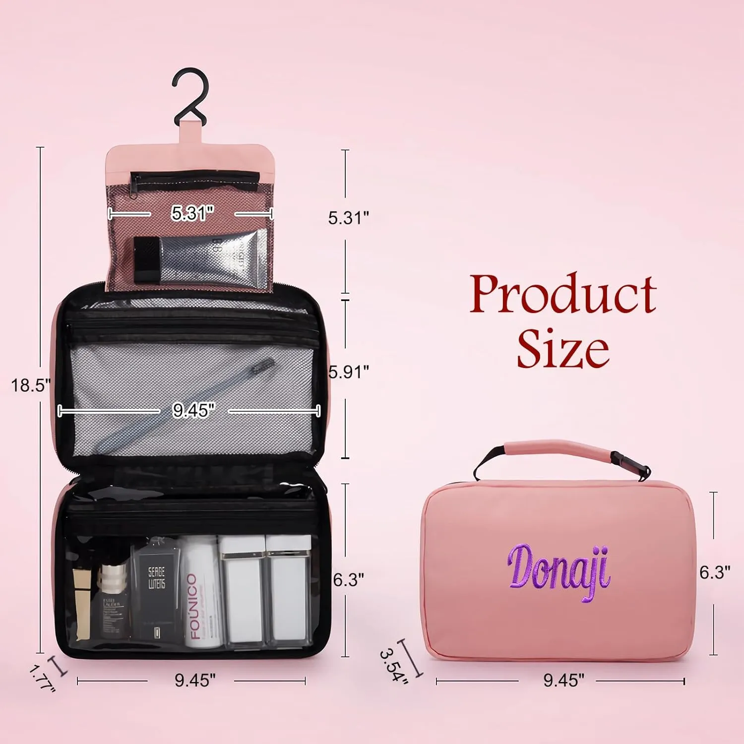 Personalized Travel Toiletry Bag for Women with Custom Name Embroidery - Large Hanging Cosmetic Organizer, Waterproof Makeup Bag, Spa & Vacation Essentials Case (Black)