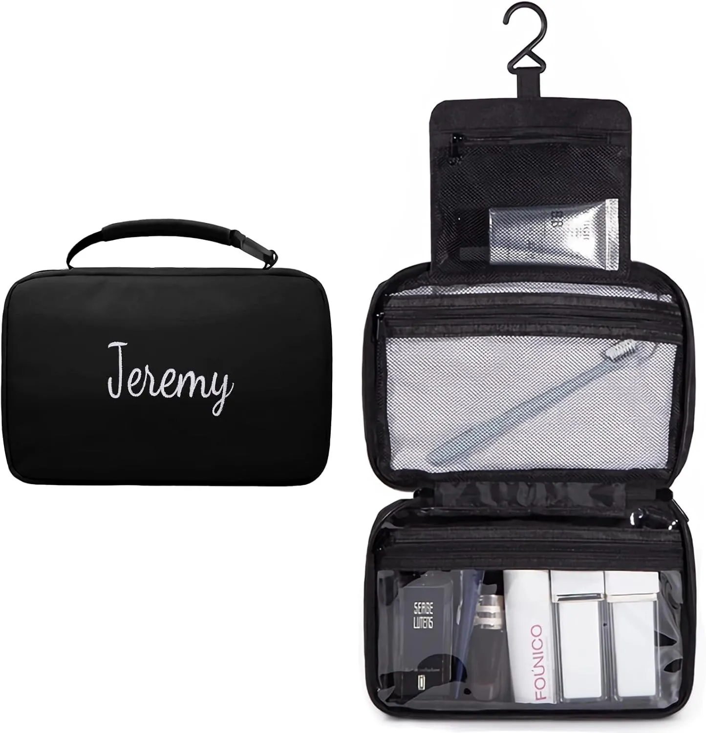 Personalized Travel Toiletry Bag for Women with Custom Name Embroidery - Large Hanging Cosmetic Organizer, Waterproof Makeup Bag, Spa & Vacation Essentials Case (Black)