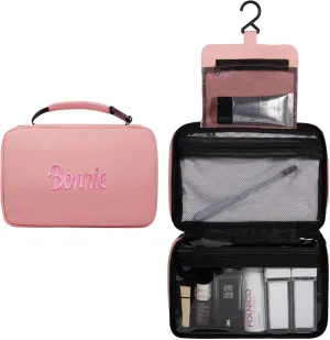 Personalized Travel Toiletry Bag for Women with Custom Name Embroidery - Large Hanging Cosmetic Organizer, Waterproof Makeup Bag, Spa & Vacation Essentials Case (Pink)