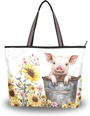 Pig Bucket Garden Tote Bag for Women Durable Designer Handbag with Zipper for Daily Use L