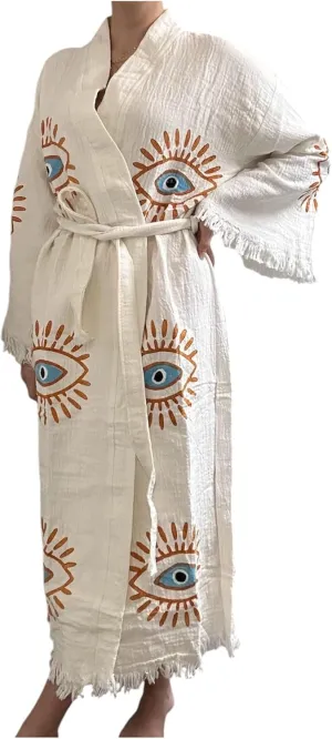 Pinus Evil Eye Kimono Robe Hand Painted, 100% Cotton, Robe, Loungewear, housecoat One Size Fits XS-L