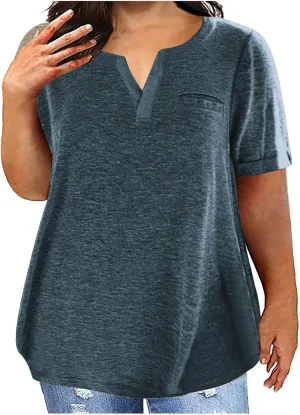 Plus Size Tops for Women Short Sleeve Cotton Summer Shirts Loose Fit V Neck T Shirt Solid Color Top with Front Pocket