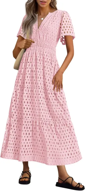 PRETTYGARDEN Womens 2025 Summer Maxi Dress Short Sleeve V Neck Hollow Out Eyelet A Line Long Flowy Beach Vacation Dresses